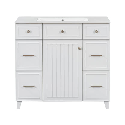 Transitional 36' Bathroom Vanity with Ceramic Sink, Soft Close Doors, and Adjustable Shelves, White Solid Wood Frame