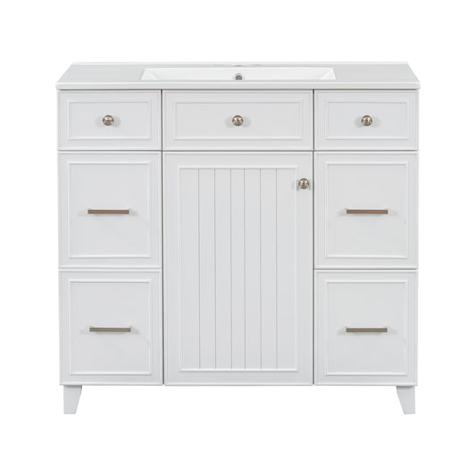 Transitional 36' Bathroom Vanity with Ceramic Sink, Soft Close Doors, and Adjustable Shelves, White Solid Wood Frame