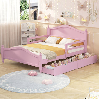 Full Size Wood Platform Bed with Guardrails on Both Sides and Two Storage Drawers ,Pink