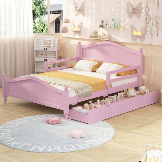 Full Size Wood Platform Bed with Guardrails on Both Sides and Two Storage Drawers ,Pink