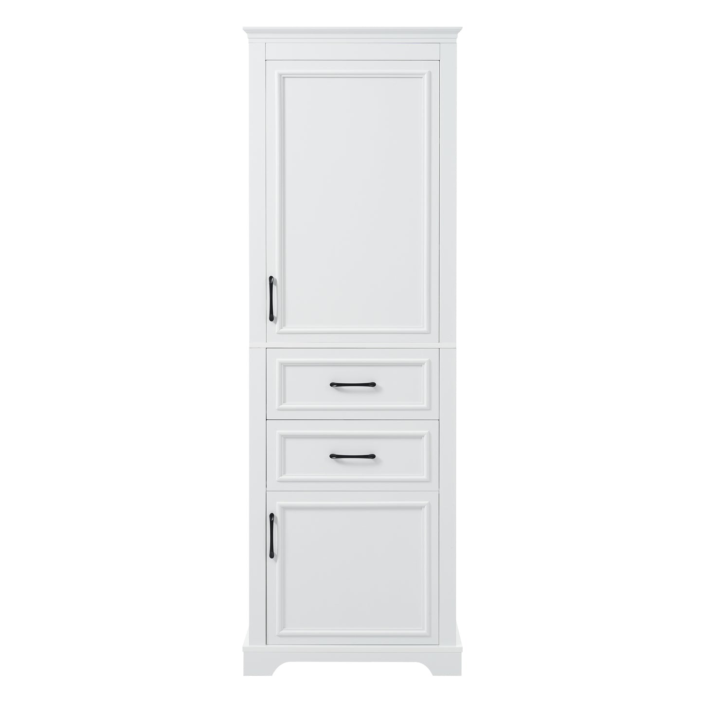 Modern White Freestanding Bathroom Vanity 71-inch Tall with Damping-Hinge Doors, Adjustable Shelves, and Black Metal Handles, Made of Laminated PB and MDF