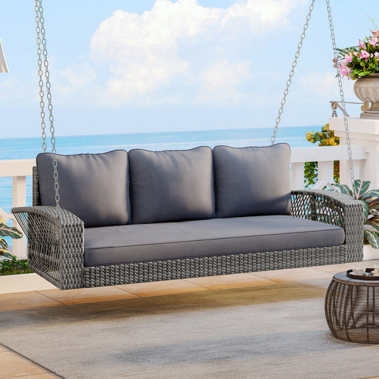GO 69' PE Wicker 3-Person Porch Swing with Chains, Large Patio Swing Bench with Cushions for Backyard, Garden, and Poolside, Gray69'