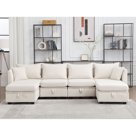Modular Sectional Sofa, Convertible Sofa Couch with Storage, Sleeper Sectional Sofa Set, Flexible Modular Combinations Fabric Couch for Living Room (Beige,6 Seat Sofa)