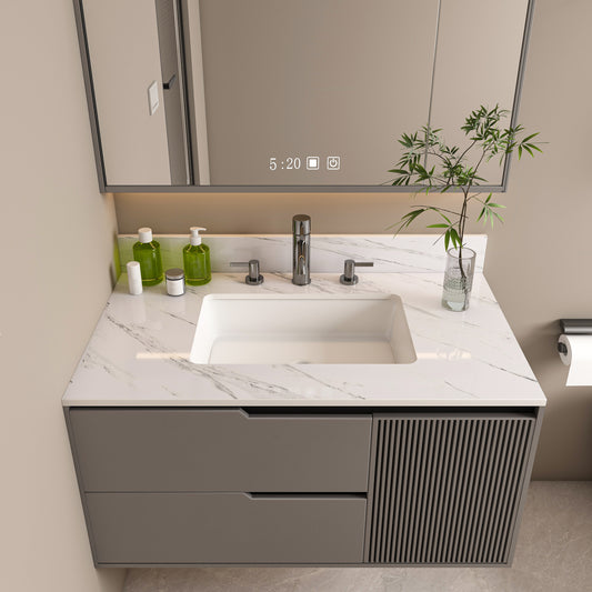 37 Inch Marble Vanity Top, White Vanity Top with 3 Pre-drilled Faucet Holes, Bathroom Vanity Top with Undermount Rectangular Middle Sink and 4' Height Backsplash,  Bianco Carrara Venato