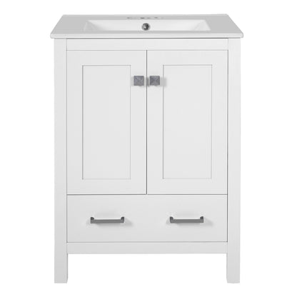 48-Inch Transitional Bathroom Vanity with Integrated Ceramic Undermount Sinks, Soft-Close Doors, Divided Drawer, and Double-Layer Shelf in White Finish