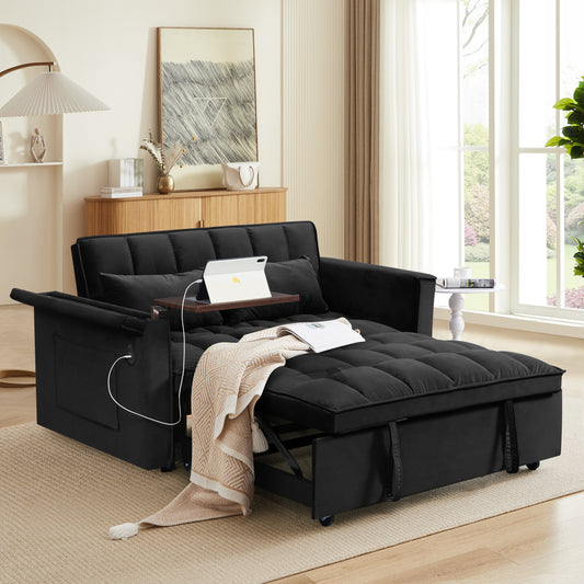 55.5 '3-in-1 foldable sofa bed, modern velvet double sofa, sofa bed with adjustable back, storage bag and pillow, hidden living room laptop desk with USB port, suitable for living room, bedroom(biack)