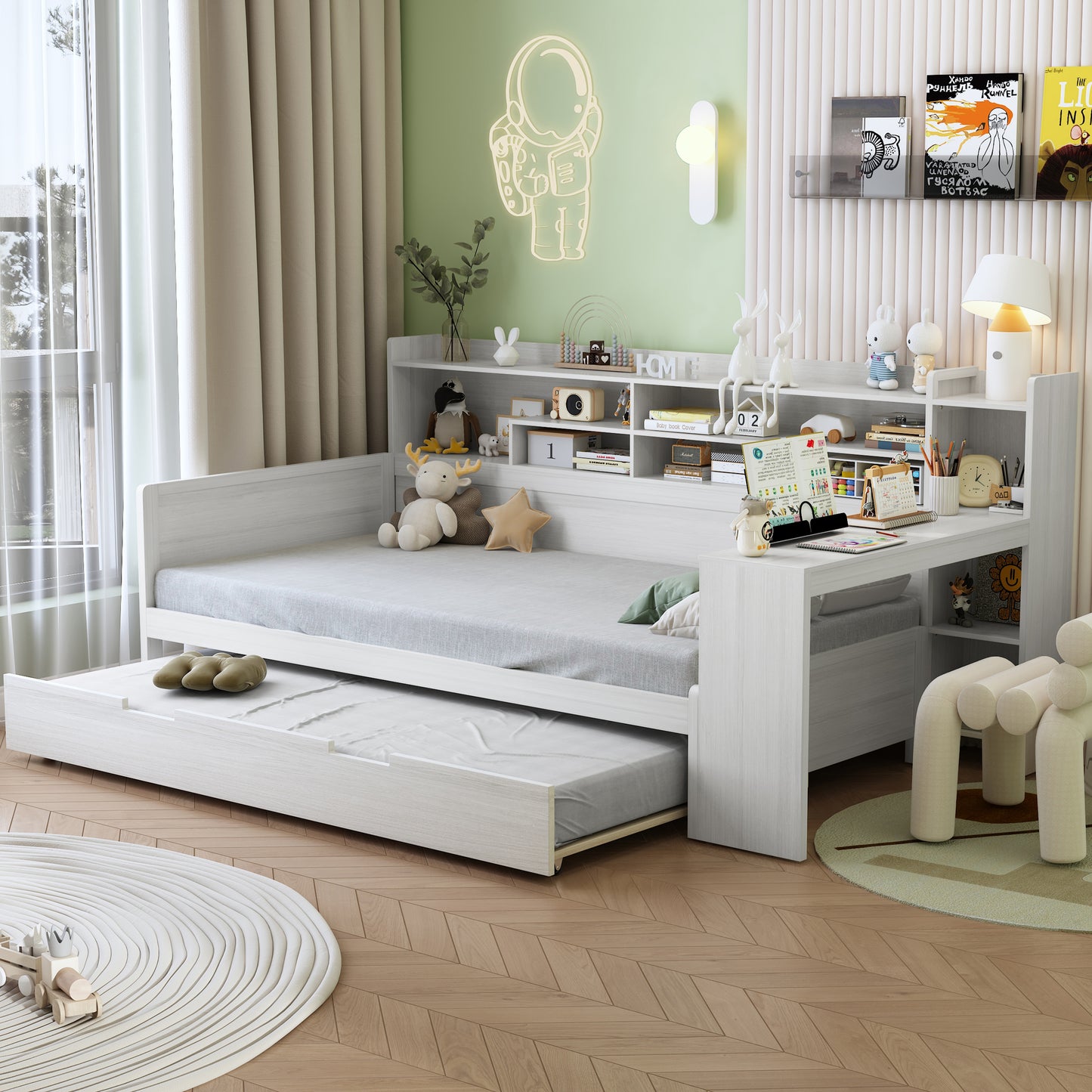 Wooden Twin Size Daybed with Storage Shelves, Multi-functional Bed with Twin Size Trundle Bed and  Study Desk, Antique White