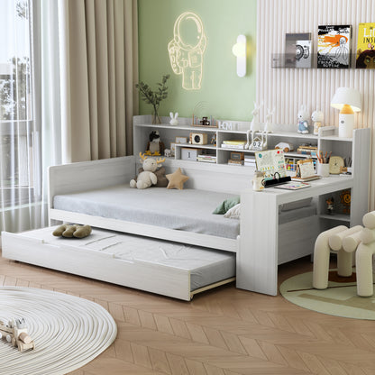 Wooden Twin Size Daybed with Storage Shelves, Multi-functional Bed with Twin Size Trundle Bed and  Study Desk, Antique White