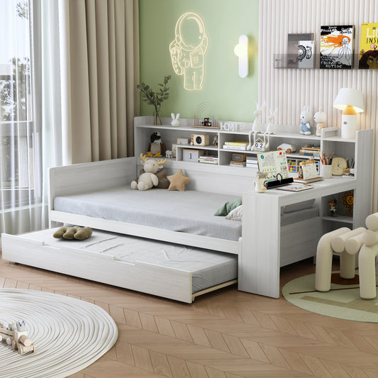 Wooden Twin Size Daybed with Storage Shelves, Multi-functional Bed with Twin Size Trundle Bed and  Study Desk, Antique White