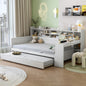 Wooden Twin Size Daybed with Storage Shelves, Multi-functional Bed with Twin Size Trundle Bed and  Study Desk, Antique White