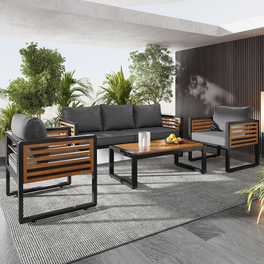 GO Large Size 4-pieces Outdoor Furniture sofa for 5 Person Conversation Set, Garden Sofa Set With Removable Cushion, Metal And Wood Frame Sofa set, Thick Cushions, Acacia Wood Tabletop, Gray