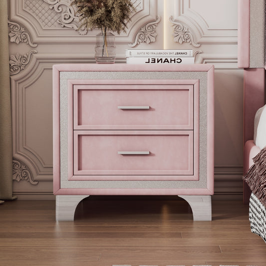 Mid Century Vintage Nightstand with Silver Glitter Strip Decor and Metal Legs, Velvet Bedside Table with 2 Drawers, Fully Assembled Except Legs and Handles, Pink