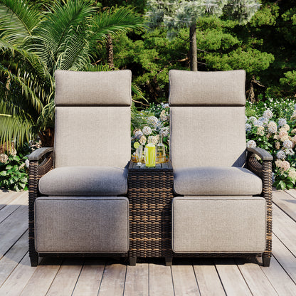GO Patio Recliner Loveseat Chair, Adjustable Backrest Wicker Outdoor Lounge Chair Set with Acacia Wood Armrests and Built-in Storage Table for Balcony, Porch, Lawn, Brown