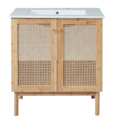 30-inch Bathroom Vanity with Handmade Rattan Doors, Natural Bamboo Frame, Soft-Close Mechanism, Wood Finish