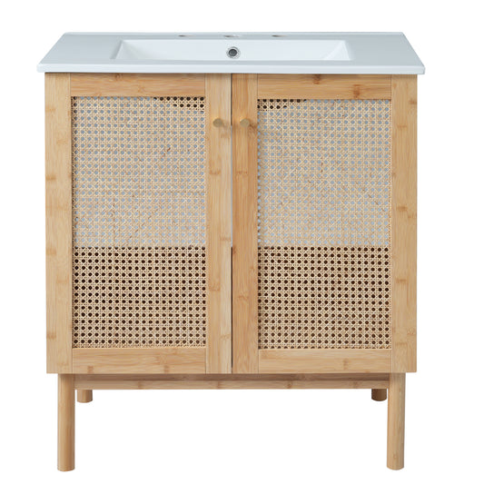 30-inch Bathroom Vanity with Handmade Rattan Doors, Natural Bamboo Frame, Soft-Close Mechanism, Wood Finish