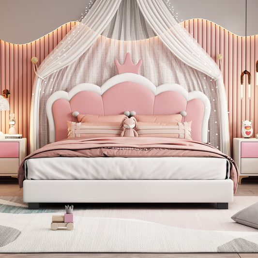 Full size Upholstered Princess Bed With Crown Headboard,Full Size Platform Bed with Headboard and Footboard, White+Pink(Old SKU:WF303337AAK)