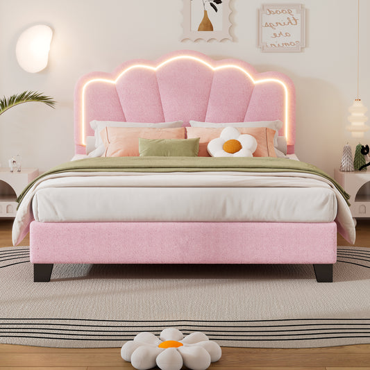 Full Size Upholstered Flower-Shape Bed, Elegant Flowers Headboard with LED Light Strip ,Sherpa Fabric Platform Bed with Wooden Slats Support, Pink