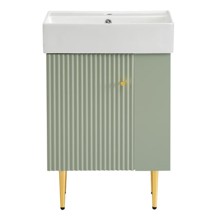 Modern Green Bathroom Vanity with Ceramic Sink and Right Side Storage, MDF Cabinet with Gold Legs, 21.6' W x 12.2' D x 33.9' H