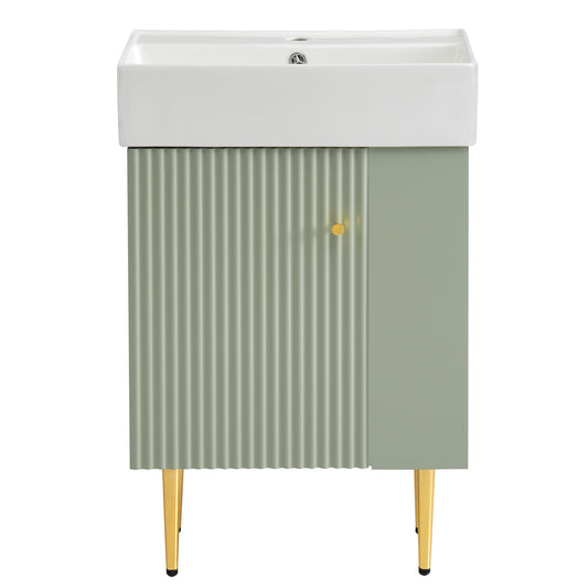 Modern Green Bathroom Vanity with Ceramic Sink and Right Side Storage, MDF Cabinet with Gold Legs, 21.6' W x 12.2' D x 33.9' H