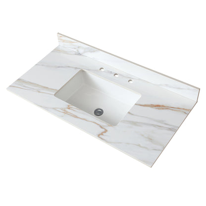 43 Inch Marble Vanity Top, Bathroom Vanity Top with Undermount Rectangular Middle Sink and 4' Height Backsplash, Pre-Drilled 8 Inch Faucet Hole Spread Vanity Top, Carrara white with veins