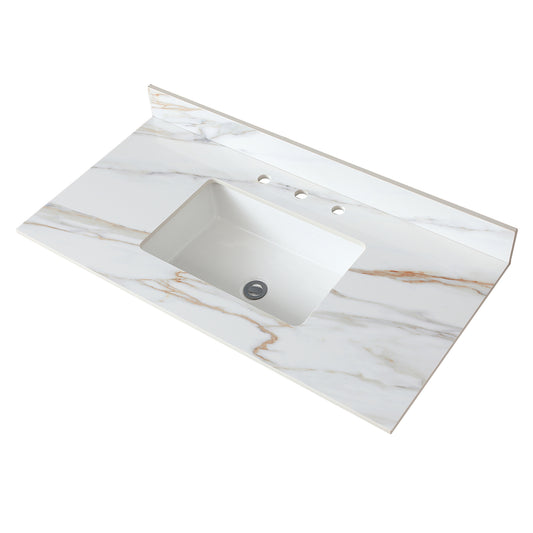 43 Inch Marble Vanity Top, Bathroom Vanity Top with Undermount Rectangular Middle Sink and 4' Height Backsplash, Pre-Drilled 8 Inch Faucet Hole Spread Vanity Top, Carrara white with veins
