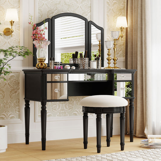 GO 43' Dressing Table Set with Mirrored Drawers and Stool, Tri-fold Mirror, Makeup Vanity Set for Bedroom, Black
