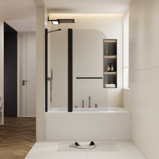 43 in. W * 58 in. H Rise and down rotation shaft door one fixed and one rotation shaft Shower Doors for Bathtub, 1/4' (6mm) Thick SGCC Tempered Glass Door, Aluminium Alloy Matte Black Finish