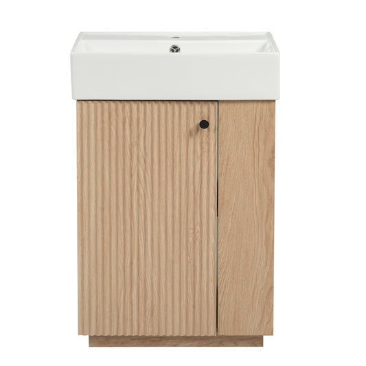 Modern 21.6' Bathroom Vanity with Ceramic Sink and Freestanding Wood Grain Cabinet featuring Left Door