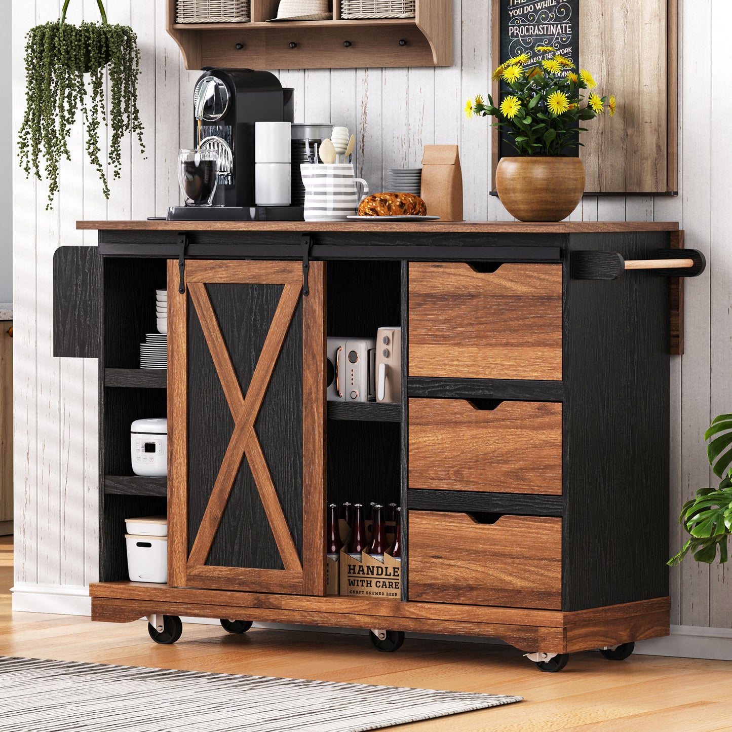 K&K 55.5' Farmhouse Kitchen Island with Drop Leaf, Kitchen Storage Island with Barn Door, Power Outlet, Rolling Kitchen Cart on Wheels with Spice Rack, for Home, Kitchen, Dining Room, Black