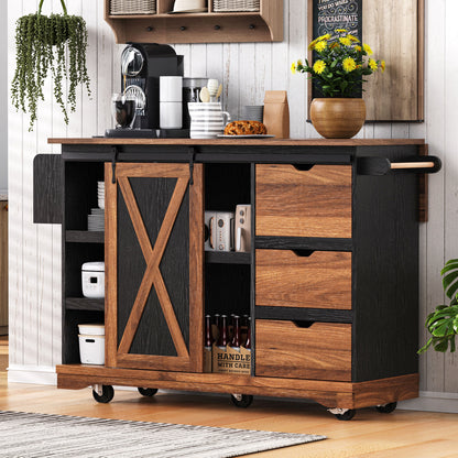 K&K 55.5' Farmhouse Kitchen Island with Drop Leaf, Kitchen Storage Island with Barn Door, Power Outlet, Rolling Kitchen Cart on Wheels with Spice Rack, for Home, Kitchen, Dining Room, Black