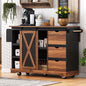 K&K 55.5' Farmhouse Kitchen Island with Drop Leaf, Kitchen Storage Island with Barn Door, Power Outlet, Rolling Kitchen Cart on Wheels with Spice Rack, for Home, Kitchen, Dining Room, Black