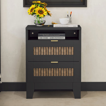 2-Drawer Farmhouse Wooden Nightstand with Wooden Strip Stickers Decoration and Metal Handle, Wood Side Table with Storage Cabinet for Bedroom, Black
