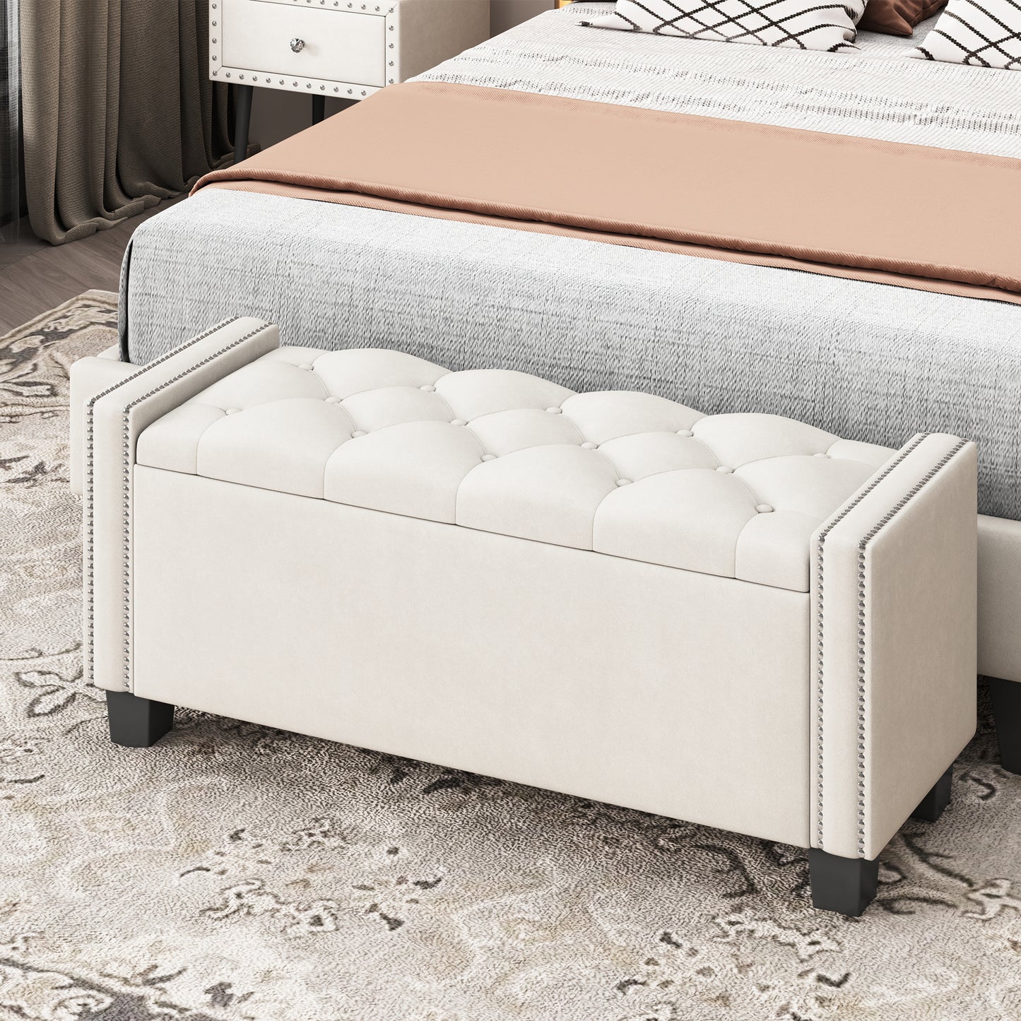 Upholstered Velvet Storage Ottoman Bench for Bedroom, End of Bed Bench with Rivet Design, Tufted Foot Rest Stool,Beige