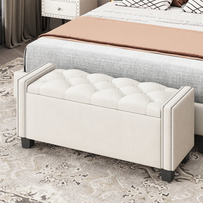Upholstered Velvet Storage Ottoman Bench for Bedroom, End of Bed Bench with Rivet Design, Tufted Foot Rest Stool,Beige
