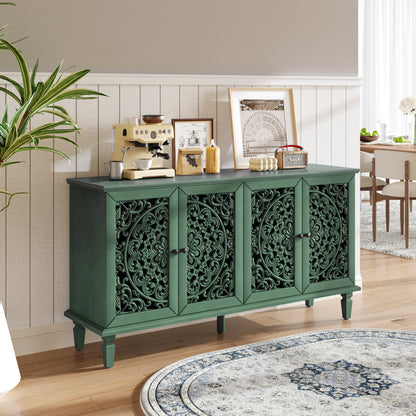 60' Antique Buffet Cabinet with Floral Carvings with Solid Wood Legs&Antique Brass Handles&Adjustable Shelves, TV Stand for 65''+ TV, Sideboard for Living Room,Dining Room(Antique Green)