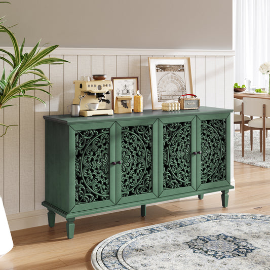 60' Antique Buffet Cabinet with Floral Carvings with Solid Wood Legs&Antique Brass Handles&Adjustable Shelves, TV Stand for 65''+ TV, Sideboard for Living Room,Dining Room(Antique Green)