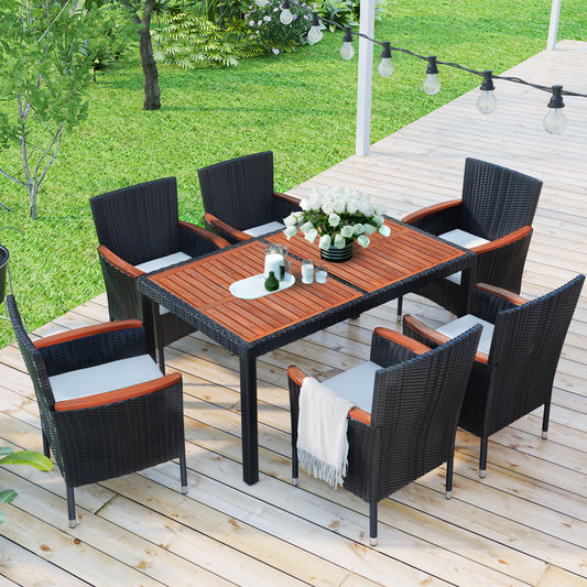 7-Piece Outdoor Patio Dining Set, Garden PE Rattan Wicker Dining Table and Chairs Set, Acacia Wood Tabletop, Stackable Armrest Chairs with Cushions, Reddish-brown