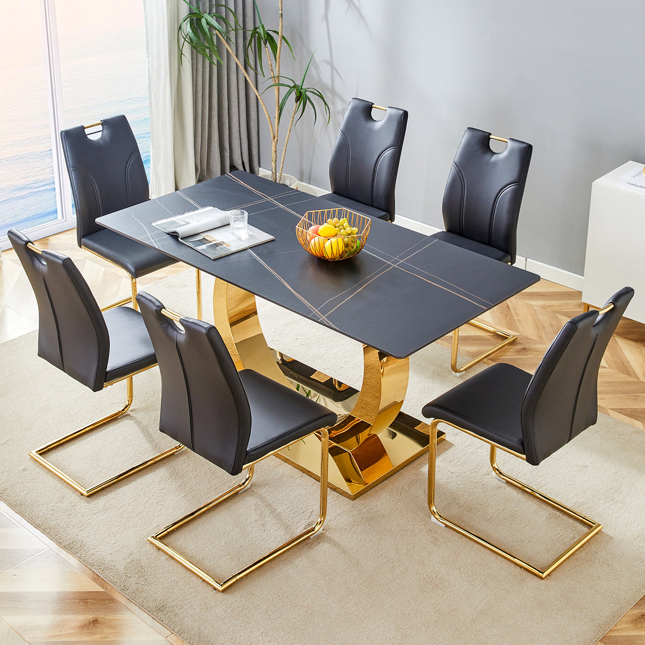 Table and chair set.63x31.5-inch Sintered Stone Dining Table.Paired with 6 Uniquely designed black dining chairs with Golden Metal Leg.Black Texture Design Tabletop,Golden stainless steel table leg.