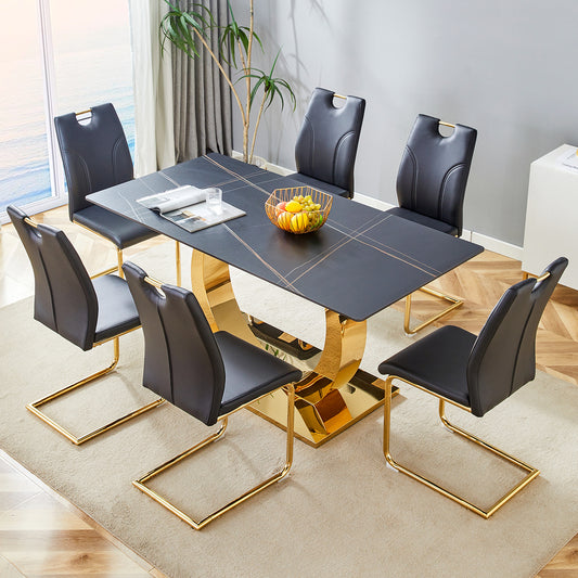 Table and chair set.63x31.5-inch Sintered Stone Dining Table.Paired with 6 Uniquely designed black dining chairs with Golden Metal Leg.Black Texture Design Tabletop,Golden stainless steel table leg.