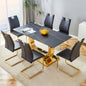 Table and chair set.63x31.5-inch Sintered Stone Dining Table.Paired with 6 Uniquely designed black dining chairs with Golden Metal Leg.Black Texture Design Tabletop,Golden stainless steel table leg.