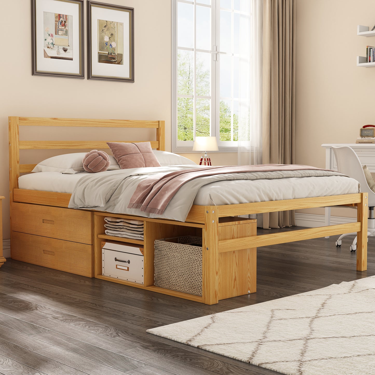 Full Size Wood Platform Bed with Removable Storage Shelves, Built-in Two Storage Drawers for Added Convenience, Natural