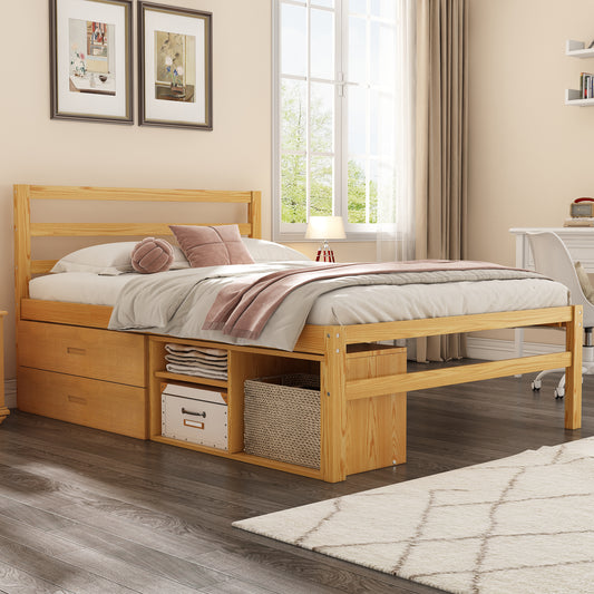 Full Size Wood Platform Bed with Removable Storage Shelves, Built-in Two Storage Drawers for Added Convenience, Natural
