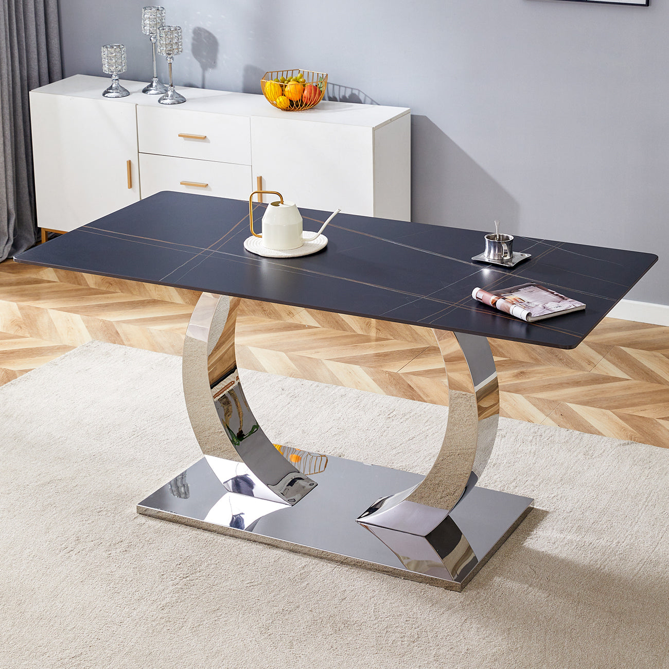 63 x 31.5 x 30-inch Sintered Stone Dining Table - A Perfect Blend of Durability and Elegance.Rock slab desktop,Burnt Stone with Black Marble Texture sticker,Silver stainless steel metal table legs.