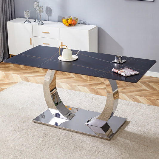 63 x 31.5 x 30-inch Sintered Stone Dining Table - A Perfect Blend of Durability and Elegance.Rock slab desktop,Burnt Stone with Black Marble Texture sticker,Silver stainless steel metal table legs.