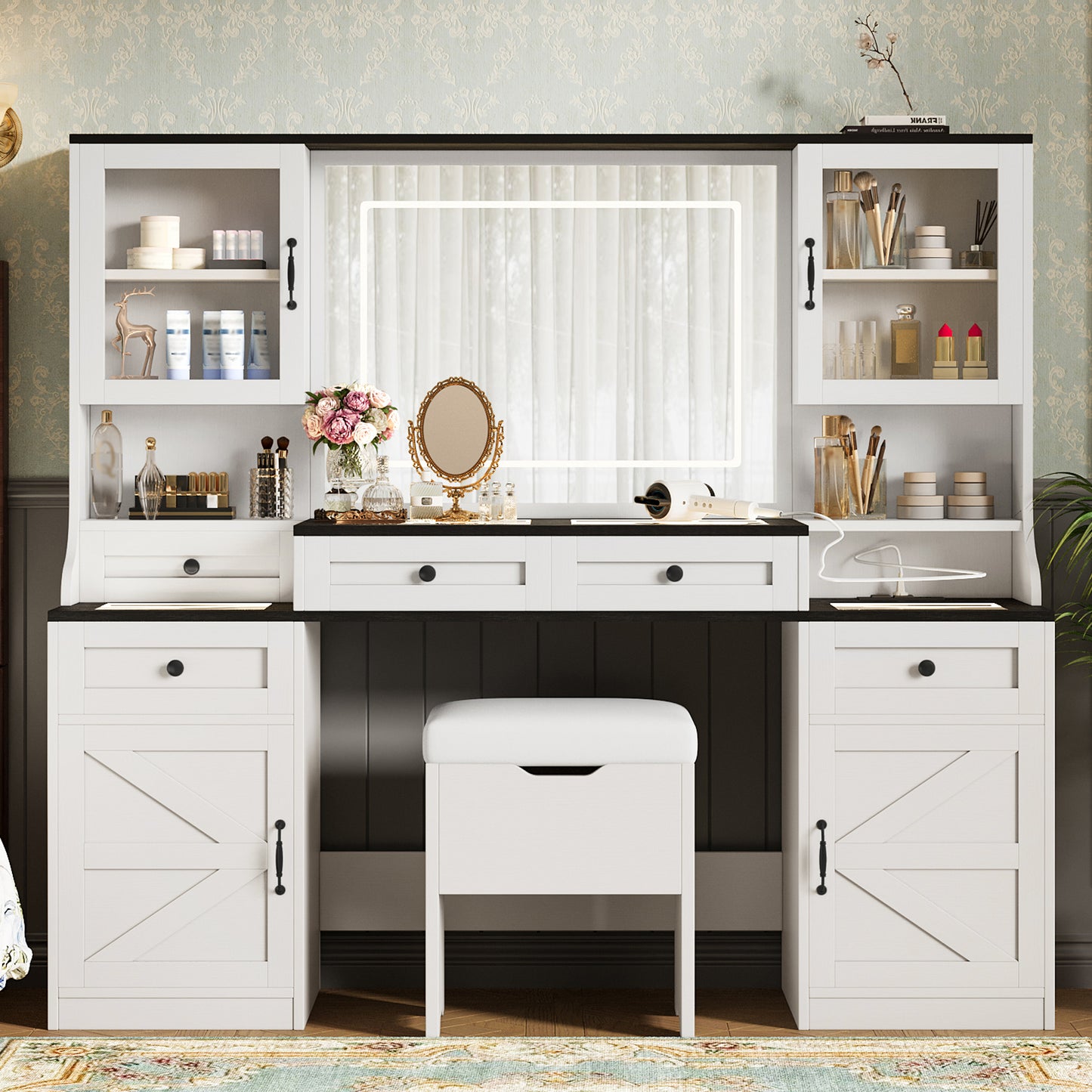 61.5' Farmhouse Vanity Desk with Mirror and LED Lights, Dressing Table with 5 Drawers and 4 Cabinets, Makeup Vanity Table Set with Glass Visual Desktop and Cushion Stool, for Bedroom