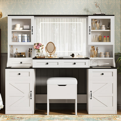 61.5' Farmhouse Vanity Desk with Mirror and LED Lights, Dressing Table with 5 Drawers and 4 Cabinets, Makeup Vanity Table Set with Glass Visual Desktop and Cushion Stool, for Bedroom