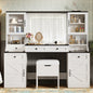 61.5' Farmhouse Vanity Desk with Mirror and LED Lights, Dressing Table with 5 Drawers and 4 Cabinets, Makeup Vanity Table Set with Glass Visual Desktop and Cushion Stool, for Bedroom