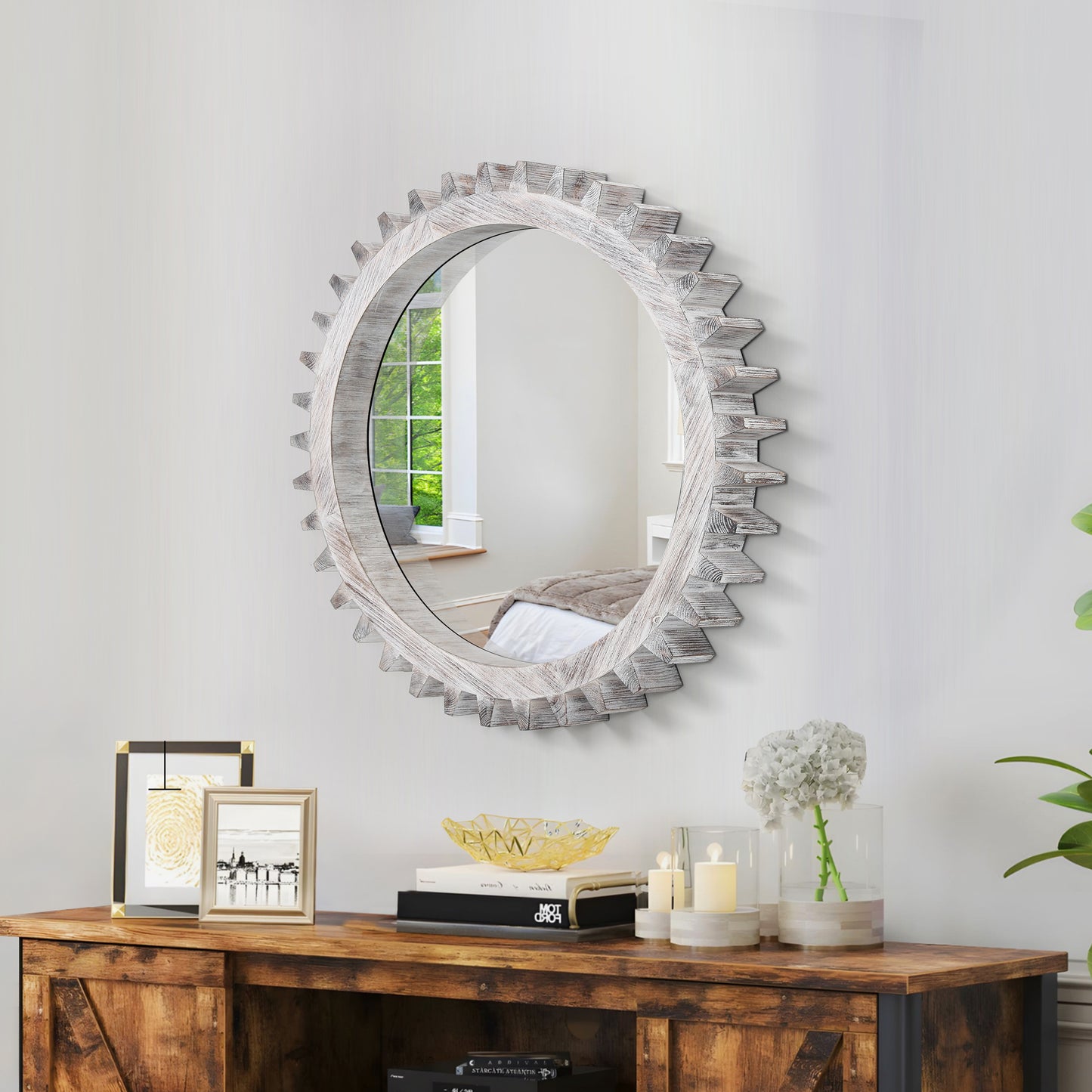 Vintage 17'' x 17'' Wood Round Hanging Gear Shape Decorative Mirror Patchwork Effect With Large-size Mirrors  Individually On Art Walls,Sold Individually(Antique White Washed)