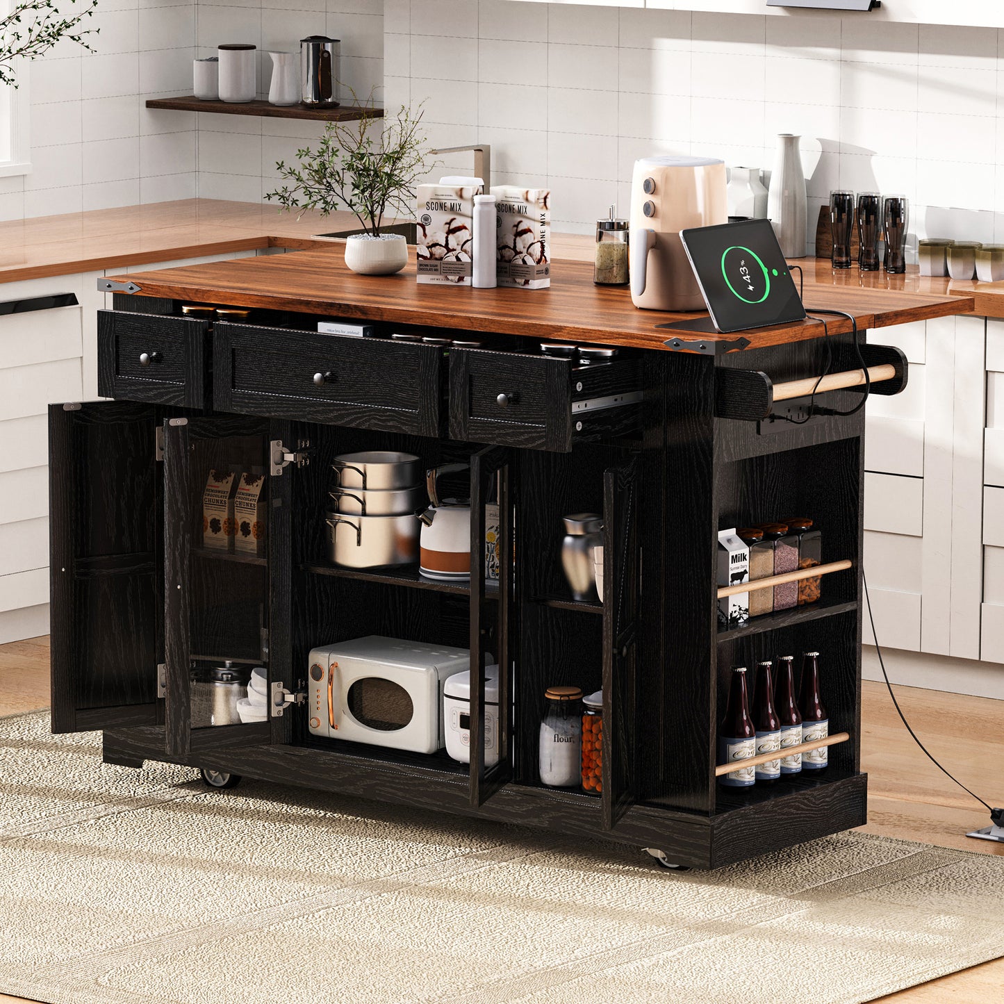 K&K 53'' Farmhouse Kitchen Island with Two Tempered Glass Cabinet Doors, Power Outlet, Rolling Kitchen Cart on Wheels with Drop Leaf, 5 Open Side Racks, 3 Drawers, for Kitchen, Dining Room, Black