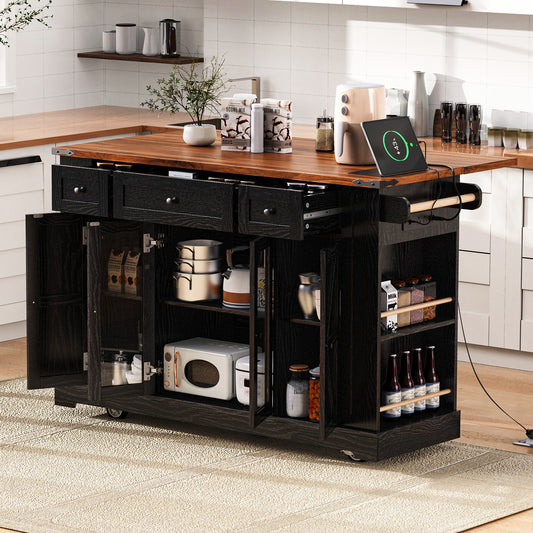 K&K 53'' Farmhouse Kitchen Island with Two Tempered Glass Cabinet Doors, Power Outlet, Rolling Kitchen Cart on Wheels with Drop Leaf, 5 Open Side Racks, 3 Drawers, for Kitchen, Dining Room, Black